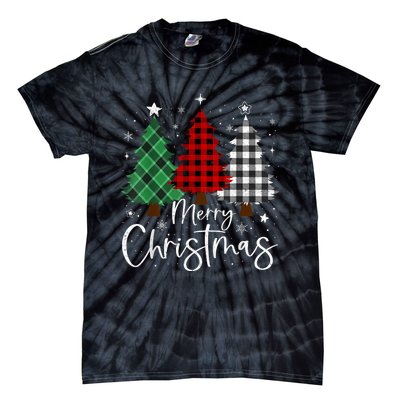 Merry Christmas 3 Xmas Trees Buffalo Plaid Family Matching Tie-Dye T-Shirt