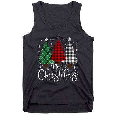 Merry Christmas 3 Xmas Trees Buffalo Plaid Family Matching Tank Top