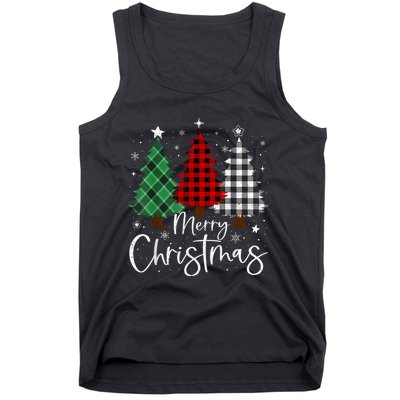 Merry Christmas 3 Xmas Trees Buffalo Plaid Family Matching Tank Top