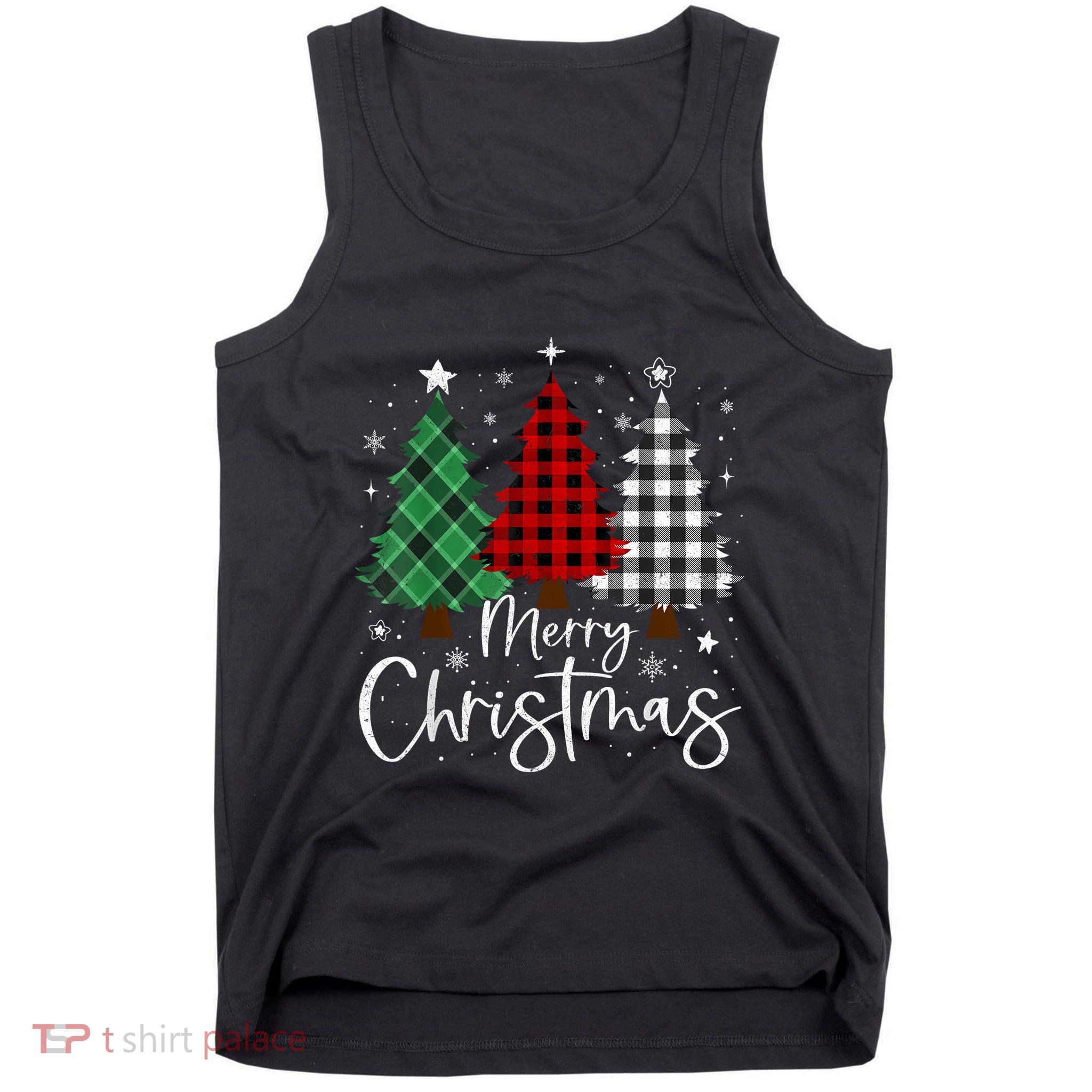 Merry Christmas 3 Xmas Trees Buffalo Plaid Family Matching Tank Top