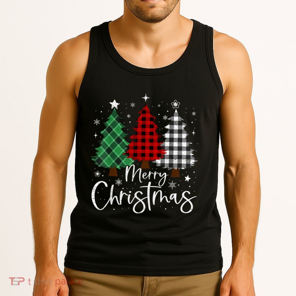 Merry Christmas 3 Xmas Trees Buffalo Plaid Family Matching Tank Top