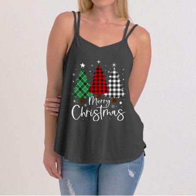 Merry Christmas 3 Xmas Trees Buffalo Plaid Family Matching Women's Strappy Tank