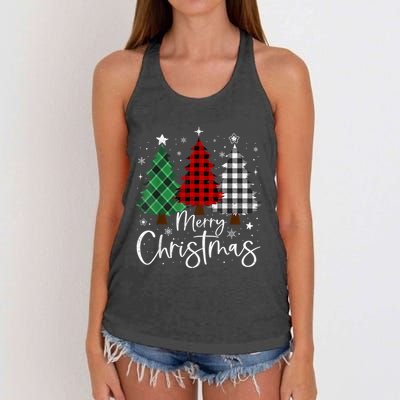 Merry Christmas 3 Xmas Trees Buffalo Plaid Family Matching Women's Knotted Racerback Tank