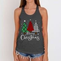 Merry Christmas 3 Xmas Trees Buffalo Plaid Family Matching Women's Knotted Racerback Tank