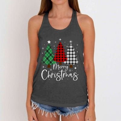 Merry Christmas 3 Xmas Trees Buffalo Plaid Family Matching Women's Knotted Racerback Tank