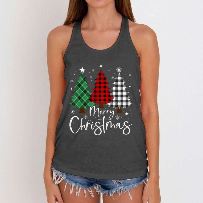 Merry Christmas 3 Xmas Trees Buffalo Plaid Family Matching Women's Knotted Racerback Tank