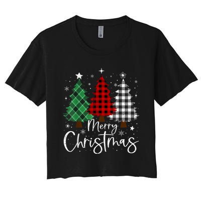 Merry Christmas 3 Xmas Trees Buffalo Plaid Family Matching Women's Crop Top Tee