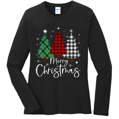 Merry Christmas 3 Xmas Trees Buffalo Plaid Family Matching Ladies Long Sleeve Shirt