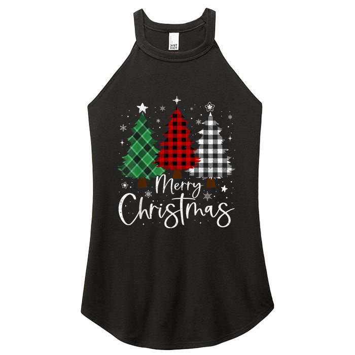 Merry Christmas 3 Xmas Trees Buffalo Plaid Family Matching Women's Perfect Tri Rocker Tank