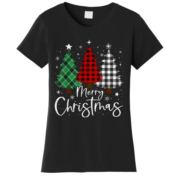 Merry Christmas 3 Xmas Trees Buffalo Plaid Family Matching Women's T-Shirt