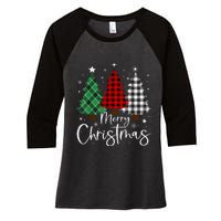 Merry Christmas 3 Xmas Trees Buffalo Plaid Family Matching Women's Tri-Blend 3/4-Sleeve Raglan Shirt