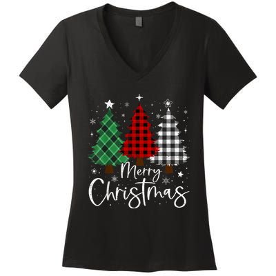 Merry Christmas 3 Xmas Trees Buffalo Plaid Family Matching Women's V-Neck T-Shirt