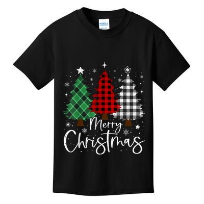 Merry Christmas 3 Xmas Trees Buffalo Plaid Family Matching Kids T-Shirt