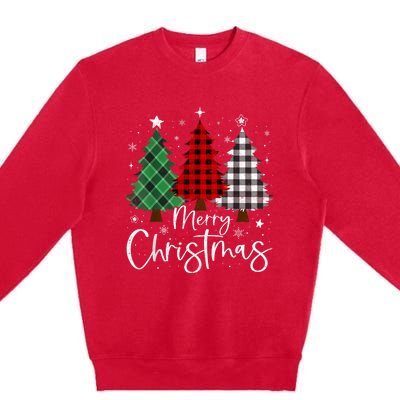 Merry Christmas 3 Xmas Trees Buffalo Plaid Family Matching Premium Crewneck Sweatshirt