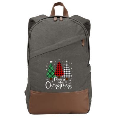 Merry Christmas 3 Xmas Trees Buffalo Plaid Family Matching Cotton Canvas Backpack