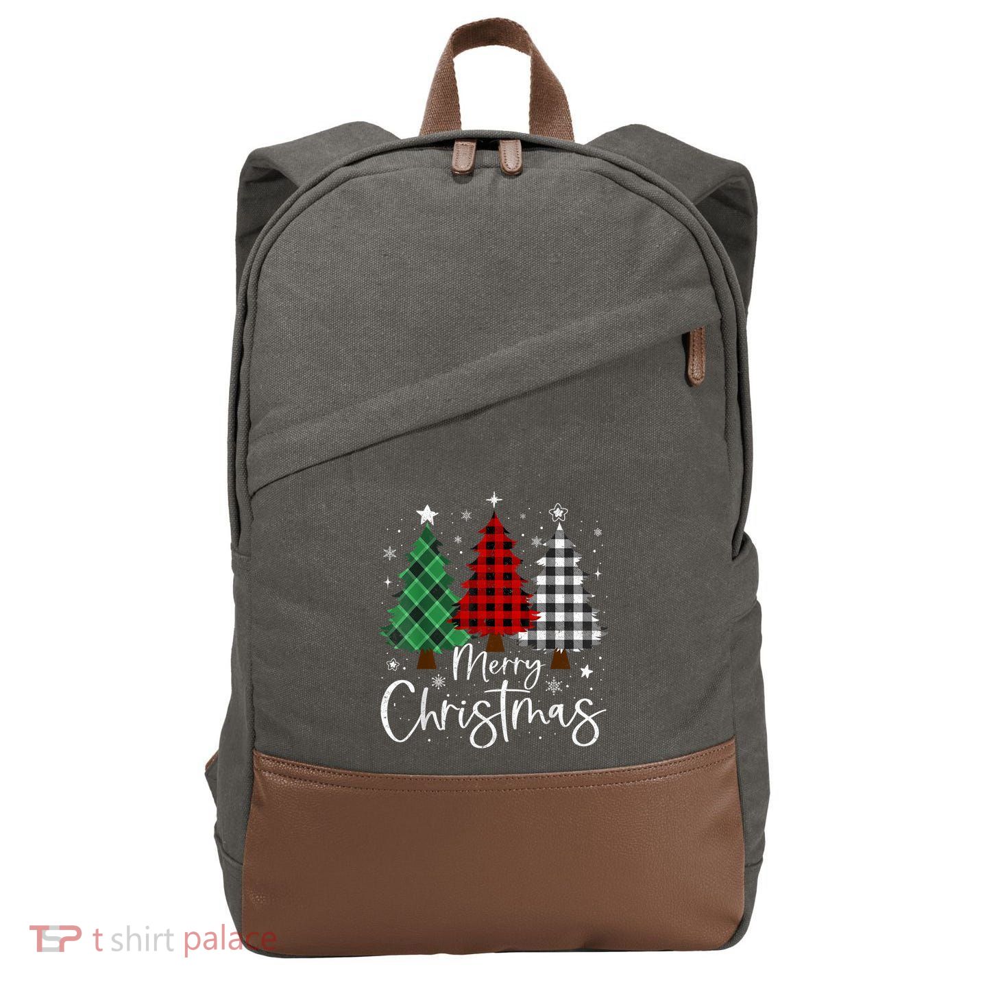 Merry Christmas 3 Xmas Trees Buffalo Plaid Family Matching Cotton Canvas Backpack