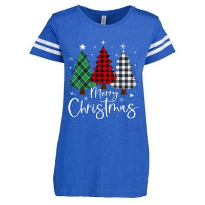 Merry Christmas 3 Xmas Trees Buffalo Plaid Family Matching Enza Ladies Jersey Football T-Shirt