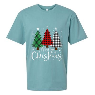 Merry Christmas 3 Xmas Trees Buffalo Plaid Family Matching Sueded Cloud Jersey T-Shirt