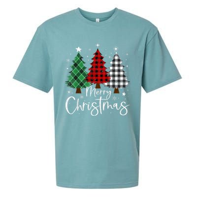 Merry Christmas 3 Xmas Trees Buffalo Plaid Family Matching Sueded Cloud Jersey T-Shirt