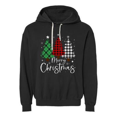 Merry Christmas 3 Xmas Trees Buffalo Plaid Family Matching Garment-Dyed Fleece Hoodie