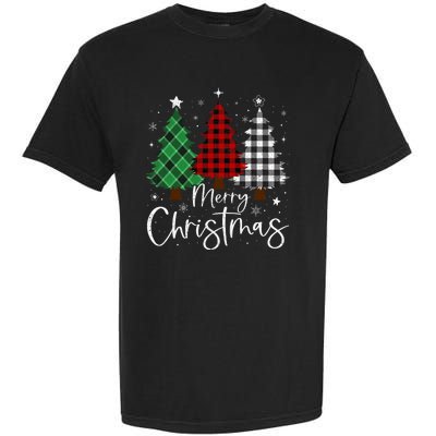 Merry Christmas 3 Xmas Trees Buffalo Plaid Family Matching Garment-Dyed Heavyweight T-Shirt