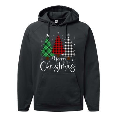 Merry Christmas 3 Xmas Trees Buffalo Plaid Family Matching Performance Fleece Hoodie