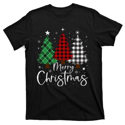 Merry Christmas 3 Xmas Trees Buffalo Plaid Family Matching T-Shirt