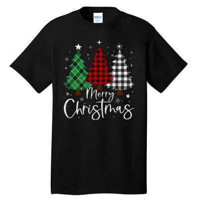 Merry Christmas 3 Xmas Trees Buffalo Plaid Family Matching Tall T-Shirt