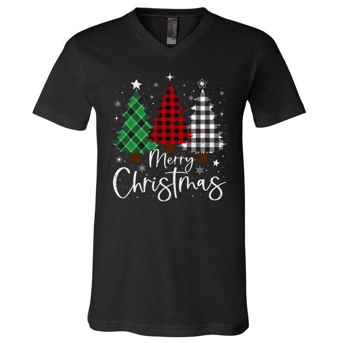 Merry Christmas 3 Xmas Trees Buffalo Plaid Family Matching V-Neck T-Shirt