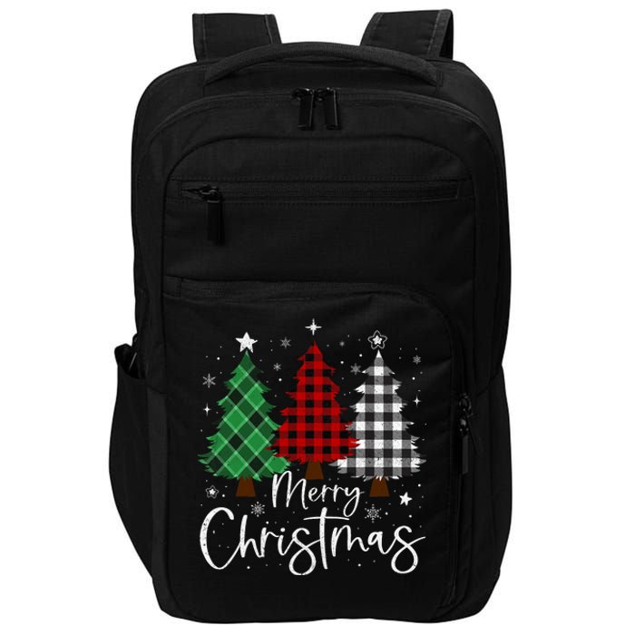 Merry Christmas 3 Xmas Trees Buffalo Plaid Family Matching Impact Tech Backpack