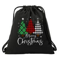 Merry Christmas 3 Xmas Trees Buffalo Plaid Family Matching Drawstring Bag