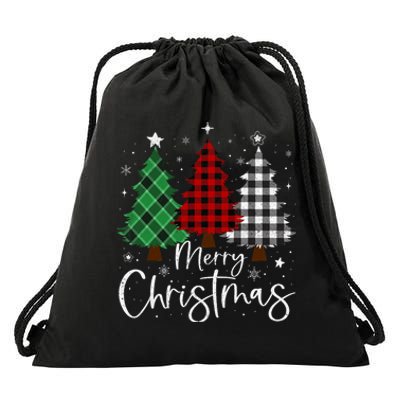 Merry Christmas 3 Xmas Trees Buffalo Plaid Family Matching Drawstring Bag