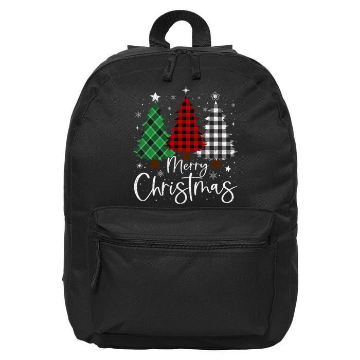 Merry Christmas 3 Xmas Trees Buffalo Plaid Family Matching 16 in Basic Backpack