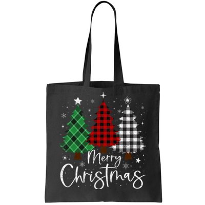 Merry Christmas 3 Xmas Trees Buffalo Plaid Family Matching Tote Bag