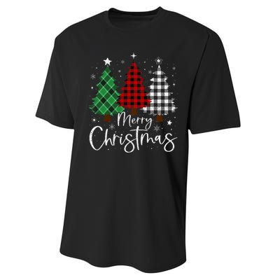 Merry Christmas 3 Xmas Trees Buffalo Plaid Family Matching Performance Sprint T-Shirt