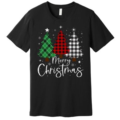 Merry Christmas 3 Xmas Trees Buffalo Plaid Family Matching Premium T-Shirt