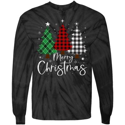 Merry Christmas 3 Xmas Trees Buffalo Plaid Family Matching Tie-Dye Long Sleeve Shirt