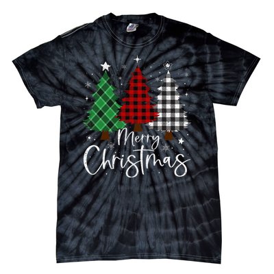 Merry Christmas 3 Xmas Trees Buffalo Plaid Family Matching Tie-Dye T-Shirt