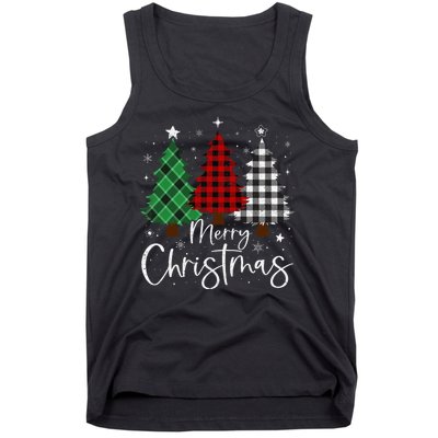 Merry Christmas 3 Xmas Trees Buffalo Plaid Family Matching Tank Top