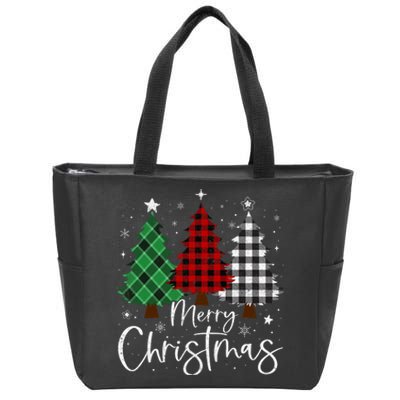 Merry Christmas 3 Xmas Trees Buffalo Plaid Family Matching Zip Tote Bag