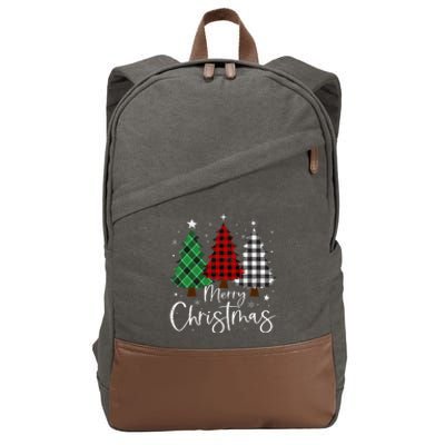 Merry Christmas 3 Xmas Trees Buffalo Plaid Family Matching Cotton Canvas Backpack