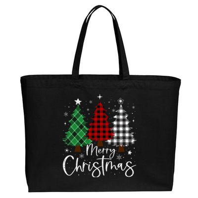 Merry Christmas 3 Xmas Trees Buffalo Plaid Family Matching Cotton Canvas Jumbo Tote