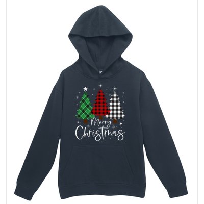 Merry Christmas 3 Xmas Trees Buffalo Plaid Family Matching Urban Pullover Hoodie