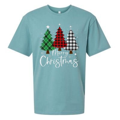 Merry Christmas 3 Xmas Trees Buffalo Plaid Family Matching Sueded Cloud Jersey T-Shirt