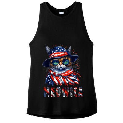 MEOWICA Cat 4th July Sunglasses Merica Cat American Flag Ladies PosiCharge Tri-Blend Wicking Tank