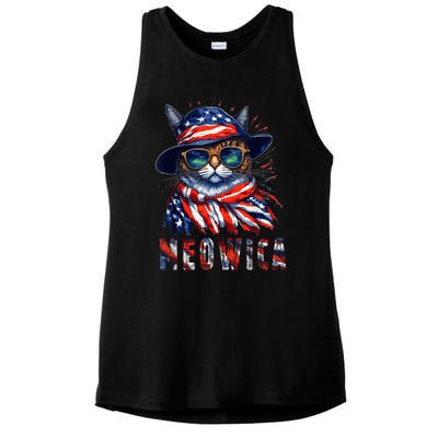 MEOWICA Cat 4th July Sunglasses Merica Cat American Flag Ladies PosiCharge Tri-Blend Wicking Tank