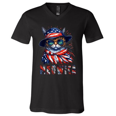 MEOWICA Cat 4th July Sunglasses Merica Cat American Flag V-Neck T-Shirt