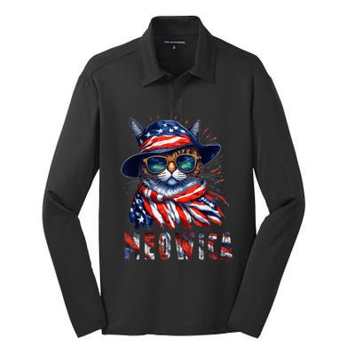 MEOWICA Cat 4th July Sunglasses Merica Cat American Flag Silk Touch Performance Long Sleeve Polo