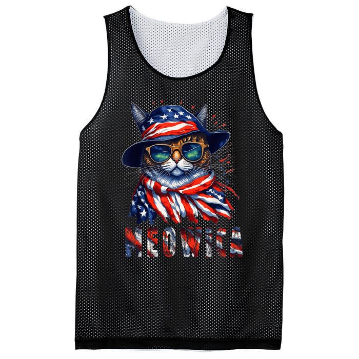 MEOWICA Cat 4th July Sunglasses Merica Cat American Flag Mesh Reversible Basketball Jersey Tank