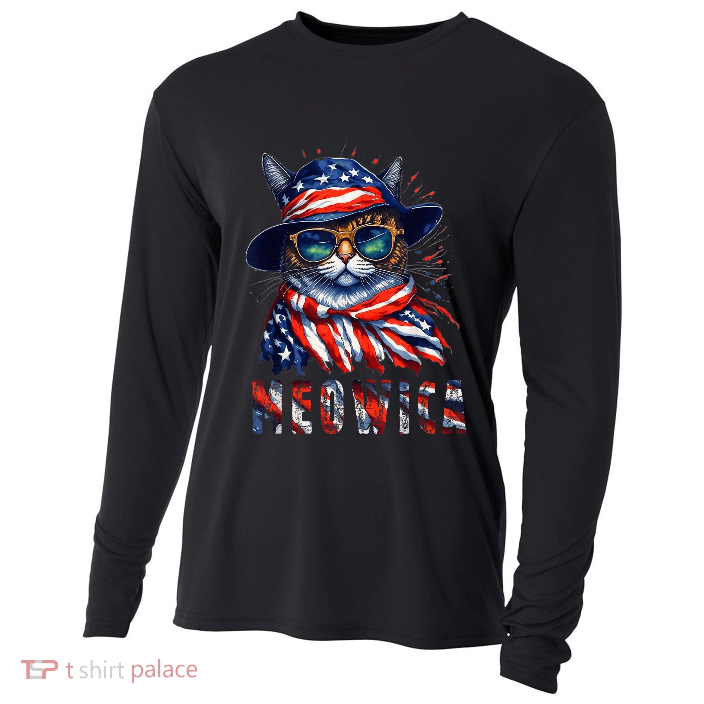 MEOWICA Cat 4th July Sunglasses Merica Cat American Flag Cooling Performance Long Sleeve Crew